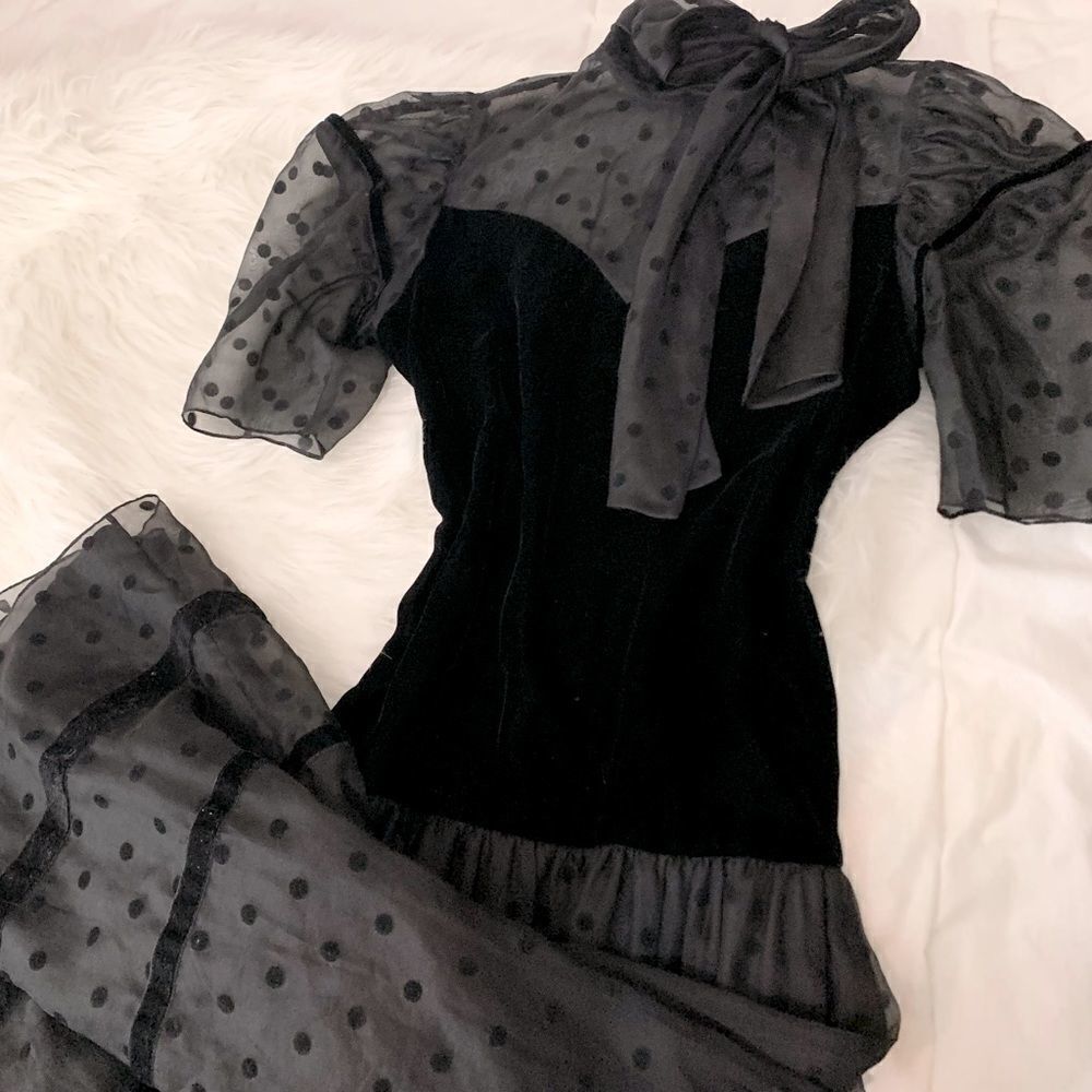 Rickie Freeman for Teri Jon Black Dot Silk Chiffon Velveteen Occasion Dress